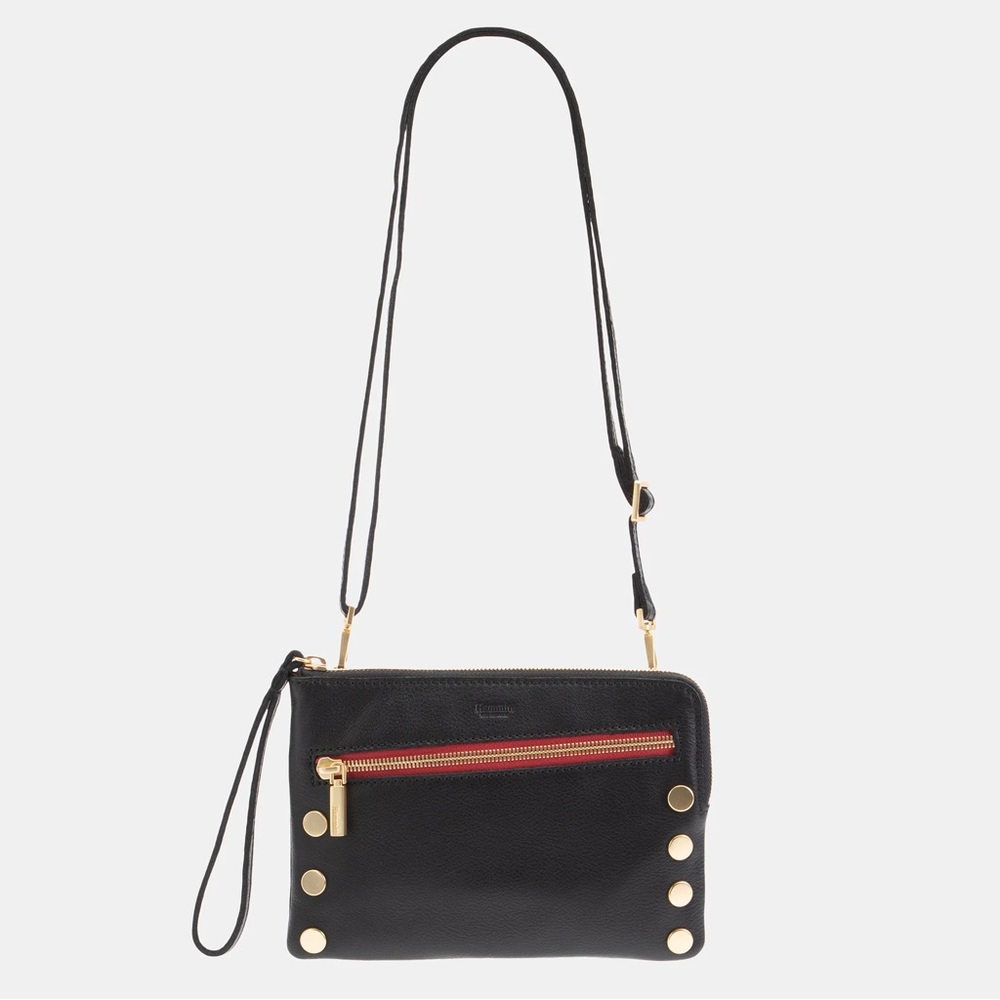 Hammitt NASH SML crossbody/clutch Black/Brushed Gold Red Zip NWOT